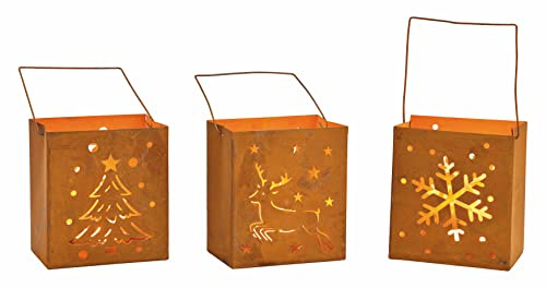 Spetebo Metall Windlicht Weihnachten 3er Set - 10 x 9 cm - Winter Deko | Tischlaterne Rostoptik Tischlaterne Teelichthalter Kerzenhalter Lichtspiel Stimmungslicht Kerzenlicht Teelichtglas