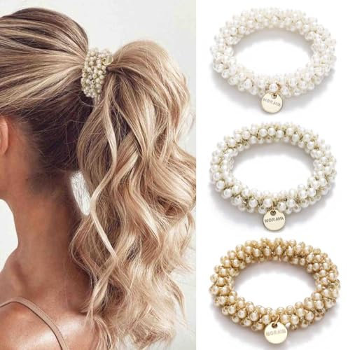 Generse Perlen-Haargummis, Strass, Pferdeschwanz-Halter, Perlen, elastische Haarbänder, Haarschmuck für Damen und Mädchen (3 Stück)