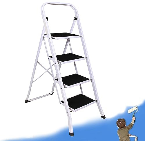 4-Step Steel Portable Folding Ladder 4 Treads Stepladder Anti-Slip Heavy Duty 4 Step Ladder Safety Kitchen Stool