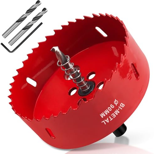 Yeepeo Scie Cloche 90mm, HSS M42 Bi-Métal Scies-cloches Bois, Scie à Trous Avec Adaptateur et Foret de Centrage idéale pour Bois, Plaque de Plâtre, Cloison Sèche, Plastique, 1 pièce Rouge
