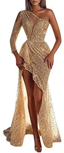 Abito da sera da donna, in oro, con scollo a V, senza maniche, lunghezza al ginocchio, con paillettes, elegante, vintage, per feste, cocktail, da donna, per feste