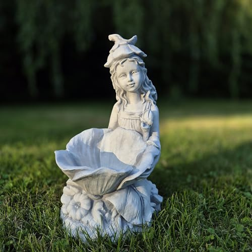 FABRIQ Gartenelfe mit Blumentopf – Steinfigur aus Steinguss 36 cm – Handgearbeitete Gartendeko Skulptur – Wetterfest & frostsicher – Blumentopf oder Vogeltränke