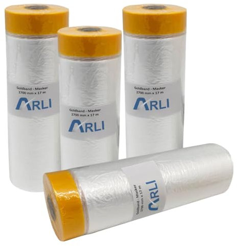 ARLI Goldband Masker 2700 mm x 16 m Abdeckfolie mit Klebeband Malerfolie Baufolie transparent HDPE Folie mit Washi Tape für Abdeckarbeiten im Innen- und Außenbereich (4 Stück/Rollen)