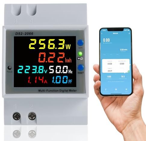 BOSYTRO Wifi Contatore di Energia Monofase,6 in 1 Multifunzione Misuratore Contatore di AC40-300V 100A Voltmetro Amperometro Contatore Elettrico su Guida DIN Adatto per sistemi di alimentazione