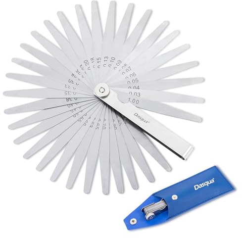 Dasqua spessimetro,Acciaio Inossidabile Calibri di Spessore Fessura, Doppia Marcatura SAE e Metrica, per Misurare Larghezza o Spessore Fessure, Set di 32 Lame 0,03-1,00 mm