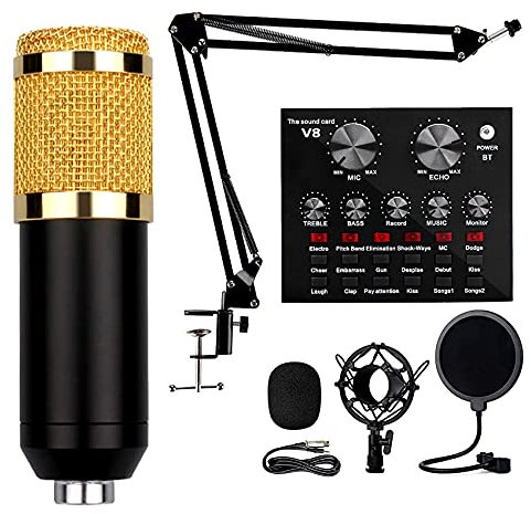 AKALNNB Condenser Microphone Bundle Multifunction BM-800 Live Sound Card V8 Mic Kit Metal Shock Mount and Adjustable Mic Stand Used for Music Recording, Live Broad