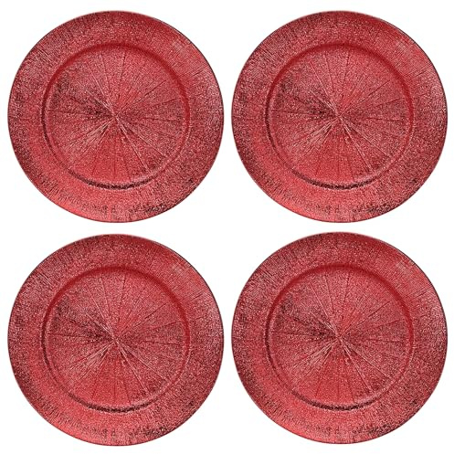 Annastore 4 x Platzteller wiederverwendbar in herrlich schimmernder Optik Ø 33 cm - Unterteller wiederverwendbar für Ihre Tischdeko - Platzteller für Weihnachten Farbe Rot