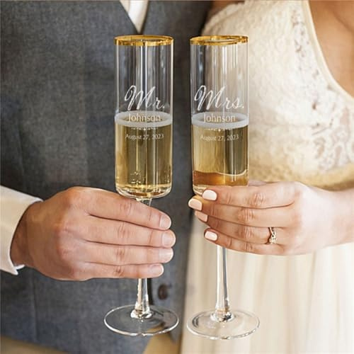Copas de champán personalizadas para novia y novio, juego de 2, nombres grabados personalizados y fechas, copas de flauta de Mr. and Mrs. Regalos de boda, flautas de brindis de boda, recuerdos