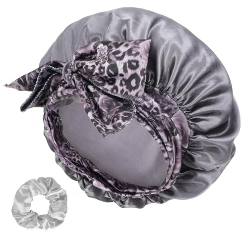 Satinhaube zum Schlafen, Abeillo Große Satin Haarhaube, Seiden-Schlafhaube mit Bedrucktem Bindeband und Haargummis, Duschhauben für Damen und Mädchen mit Lockigem Haar (Grau)