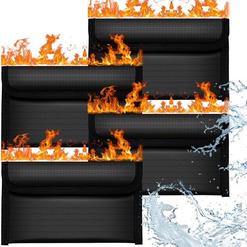 OFFCUP Fireproof Document Bag, 4pcs 8x4.6 Inches Money Fireproof Bag, Solid Silicone Coated Waterproof and Fireproof Safe Storage Bag with Zipper for Cash, File, Passport, Valuables Box (Black)