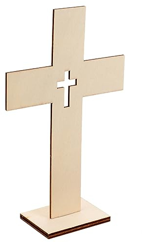 Garneck 10 Stück Stehende Holzkreuze mit Sockel, Naturfarbene Tischkreuze | aus Holz zum Basteln und Dekorieren, Christliche Deko für Ostern, Taufe, Kommunion und Zuhause