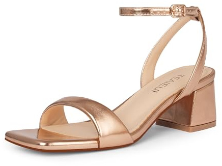 TEAIEUI Chunky Block Heels for Women, Square Open Toe Buckle Heeled Sandals, Strappy Ankle Strap Shoes for Dress, Evening, Daily, Party, Prom, Low Heel, Champagne, Size 9