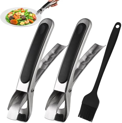 2 Pince Air Fryer, Pince à Plaque Antidérapante avec Brosse en Silicone | Clip Anti-Brûlure en Acier Inoxydable, Résistant à la Chaleur Anti-Brûlure Bol Clip pour Chaud Plat Casserole Poêles