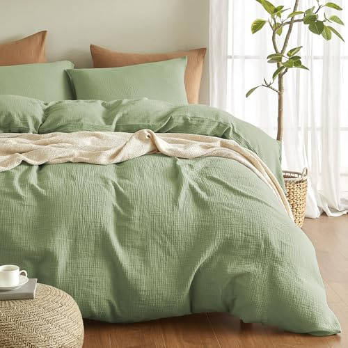 Bailix Premium Musselin Bettwäsche Sets 200x220 3 teilig 100% Baumwolle atmungsaktiv & bügelfrei Bettbezüge 200x220cm + 2er Kissenbezüge 80x80cm Oeko-Tex Bettwäsche-Sets mit Knöpfe Grün