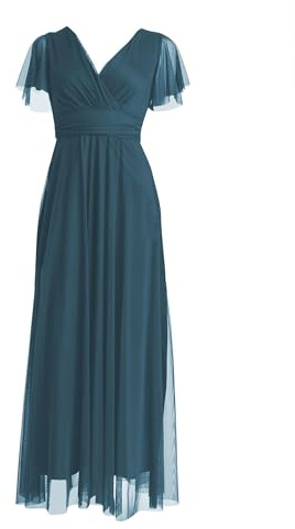 VALORIALUXE Abito Lungo Elegante Donna con Maniche Volant e Scollo a V – Vestito da Cerimonia Made in Italy (IT, Testo, S, Regular, Regular, Petrolio Blu)