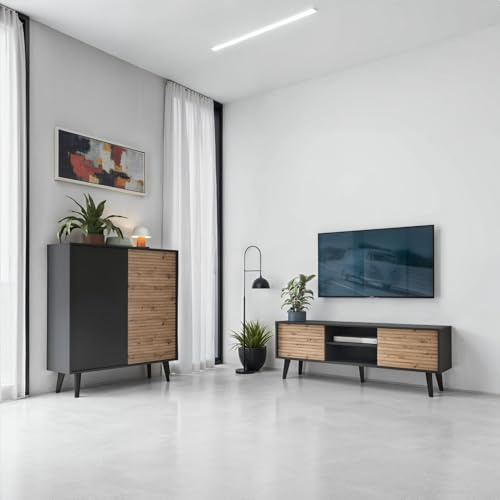 Komodee Saskatoon vardagsrumsmöbelset, svart, ek Artisan, bredd 258 cm, djup 39 cm, höjd 125 cm