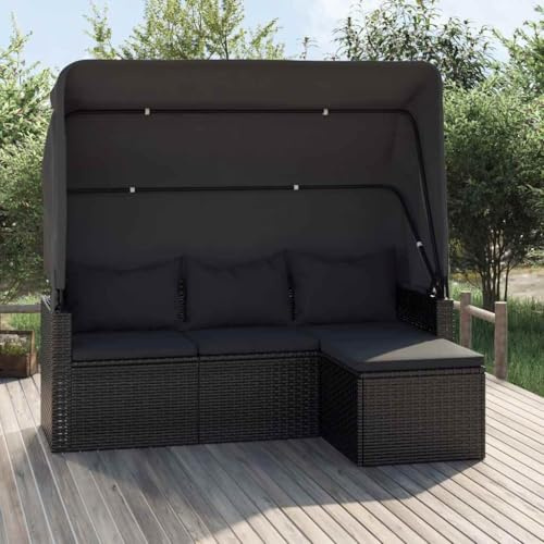 Refined Gartensofa 3 Sitzer, Sofa mit faltbaren Dach, Couch mit Fußhocker, Relaxsofa Dreisitzer Terrassensofa Gartenmöbel (Schwarz)