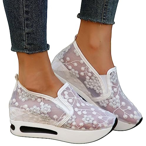 Hsternexy Chaussures plates pour femme - Dentelle Dirndl - Baskets en maille respirante - Chaussures d'été blanches - Chaussures de mariage - Chaussures de tennis - Chaussures de sport