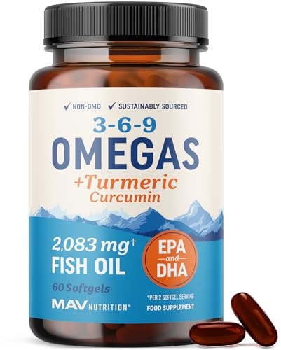 Omega 3 6 9 + Turmeric Curcumin Supplement | EPA & DHA Fish Oil + Turmeric Curcuma | Mobility, Cognitive & Heart Health Support | Triple Omega with Curcumin Supplements | Non-GMO | 60 Softgels