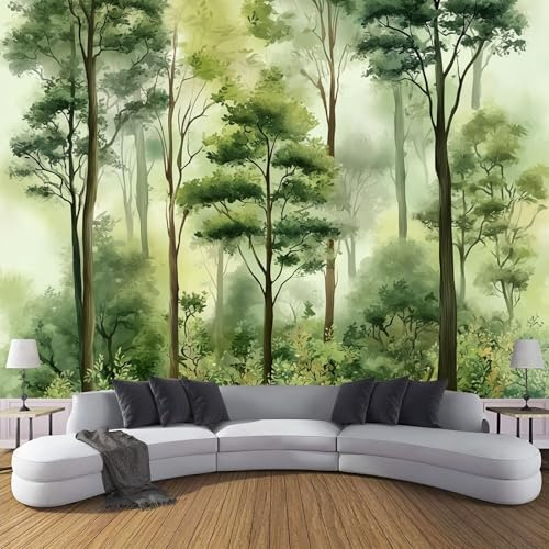 Poster Giganti da Parete Stile Stile Acquerello Fotomurale Carta da Parati seta Verde Decorazione da Muro,Alberi Della Foresta Fotografica Murale per Camera Letto Sala 350×256cm