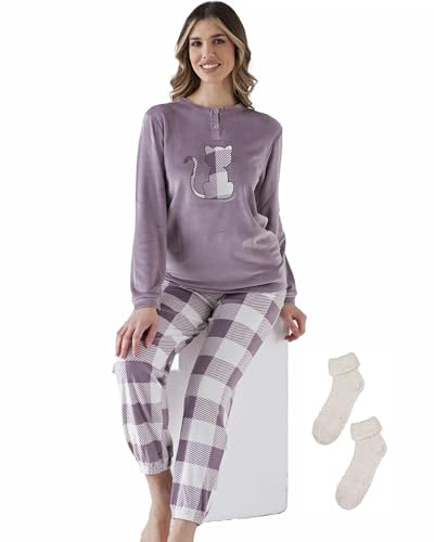 Pigiama Pile Donna Caldo Invernale + Calze Ciniglia Omaggio Morbido Coral Scatolato