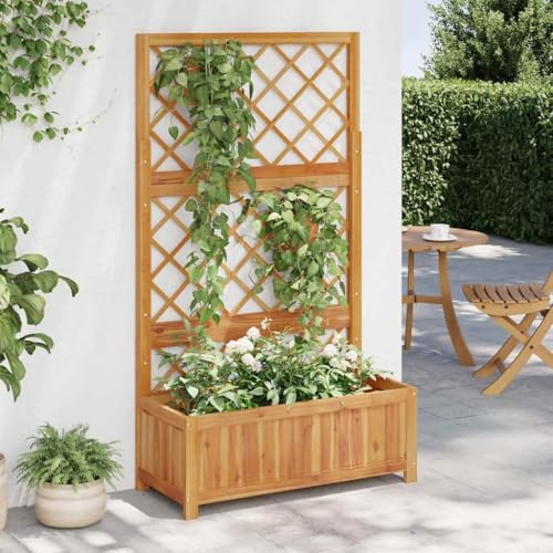 QJBSAVVA Jardinière surélevée avec treillis en bois d'acacia massif - 85 x 38 x 150 cm - Résistant aux intempéries - Avec jardinière et treillis - Pour jardin, terrasse et balcon