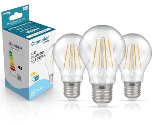 Crompton Lamps Filament GLS LED Light Bulb ES-E27 | 9W = 75W Equivalent | Cool White 4000K | Energy Efficient | Edison Screw Lightbulb | Long Life 15,000-Hrs | Clear Glass | Dimmable | 3-Pack