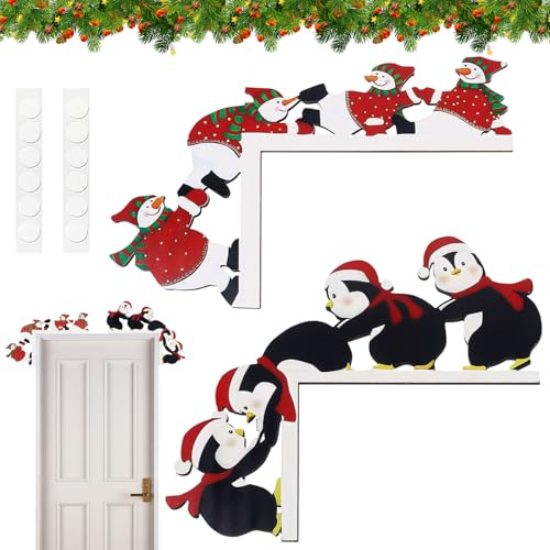 2 Stück Türrahmen Deko Weihnachten Türdeko Weihnachten Deko Innen, Weihnachtsdeko Türschmuck Weihnachten Pinguine und Schneemänner, Weihnachten Türrahmen aus Holz, für Wände Türen Fenster Kamine