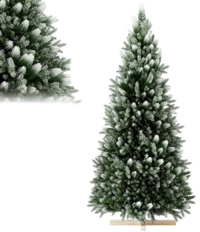 LILIIN Albero di Natale artificiale di alta qualità, 150 cm, con rivestimento in neve artificiale su punte, verde PVC + PE, albero di Natale con sistema pieghevole, supporto in legno, senza luci
