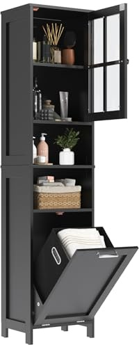 GoaHi 67.5 Tall Bathroom Storage Cabinet 40×30×171.5 cm– Slim Freestanding Cupboard with Laundry Basket, Clear Acrylic Door & 2 Open Shelves for Small Bathroom, Laundry Room, Hallway Black