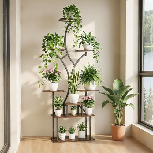BOSYTRO Soporte Plantas Interior con Luz de Crecimiento, 162 cm de Alto, Estanteria Plantas 8 Niveles, Soporte para Planta Madera & Metal para Salón, Terraza, Jardín, Balcón, Decoración Del Hogar