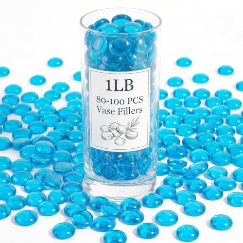 WOHSEROM Perles en verre bleu océan de 0,5 kg, billes de verre plates de 1,5 à 2 cm pour vases – Remplissage de vase bleu vif, pierres d'aquarium, décoration d'aquarium, pierres précieuses bleu