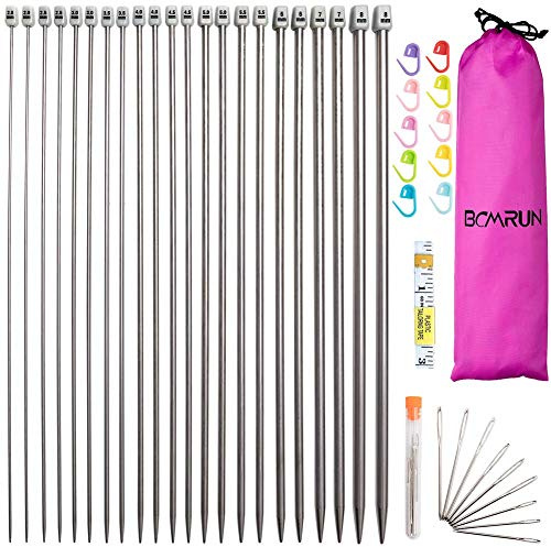 BCMRUN 22 Pieces 2.0mm (B)-8mm (Length) Stainless Steel Single Pointed Knitting Needles (11 Pairs, 11 Sizes, 14 Inch) with Large Eyelet Sewing Needles (25, Centimeters)