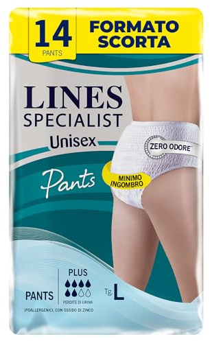 Lines Specialist Pants Plus Unisex, Mutande Assorbenti per Incontinenza Donna e Uomo, Asciutto Lampo e Massima Protezione, Zero Odore, Taglia L, Confezione da 14 Pezzi