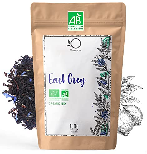 ORIGEENS THE EARL GREY BIO 100g | Thé Earl Grey Bleu, thé en vrac | Thé Noir Bio, Arôme Naturel de Bergamote, Fleurs de Bleuet