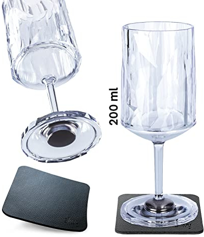 silwy® HIGH-TECH-Kunststoff-Magnet-Gläser inkl. Metall-Nano-Gel-Pads – rutschfeste Campinggläser, Boot- und Yachtzubehör (Wein // 0,2 l // 2er Set)