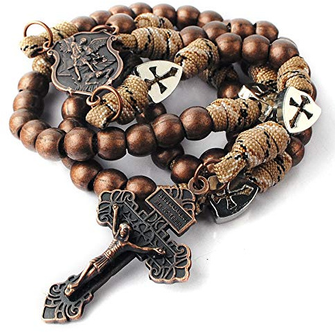 HanlinCC Large and Heavy Antique Copper Metal Beads Rugged Durable Paracord Rosary Necklace with St.Michael Center Piece and Pardon Crucifix for Men (Antique Copper St.Michael Paracord Rosary)