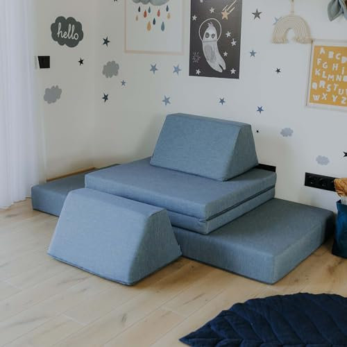 Sweet Home From Wood Aktivitätsmatratze - Plüschschaum Couch mit 2 Kissen - Sofa zum Spielen & Schlafen - Sitzkissen mit abnehmbaren, robusten Bezügen, Schlafsofa (Türkisblau)