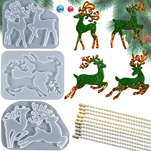 KyeeaDIY 3Pcs Resin Mold Elch Silikonformen Epoxidharz mit 20Pcs Ketten, Hirsch Silikonform Gießen für Weihnachtsanhänger Resin Epoxy Weihnachtsform DIY Elchgeweih Schlüsselanhänger Hängende Dekor