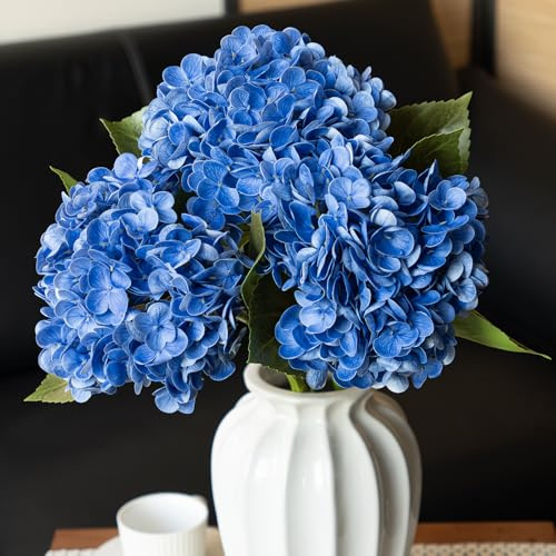 DUYONE 3 hortensias Artificiales realistas de 21 Pulgadas, Flores Artificiales de Tacto Real, Flores secas al Aire Libre, Boda, Navidad, Oficina, Fiesta, Sala de Estar, decoración de Mesa Azul Oscuro
