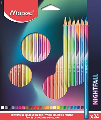 Maped - Buntstifte aus Holz Nightfall – dreieckige Form – weiche und widerstandsfähige Mine, Durchmesser 2,9 mm – lebendige und intensive Farben – Box mit 24 Bleistiften