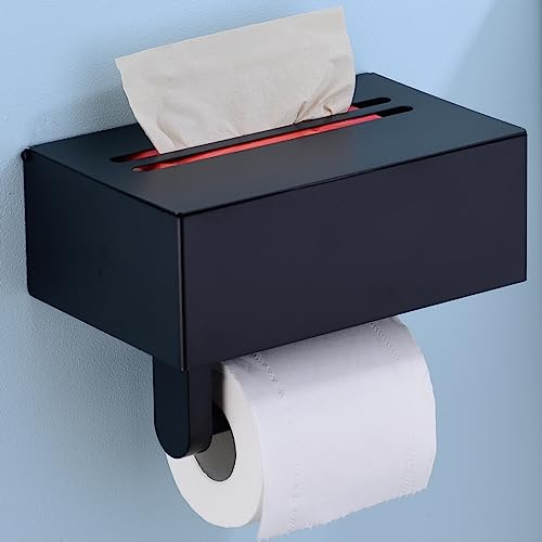 TRUSTMI Toilet Paper Holder with Storage Shelf Phone Standing Tisuse Box Cover Square Bathroom Wet Wipe Facial Organizer Wall Mounted, Matte Black