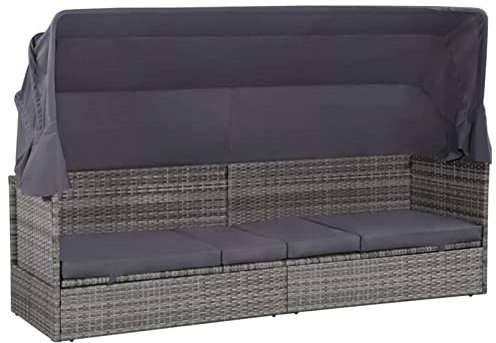 Mogou Gartenbett mit Baldachin, Liegen, Sonnenliege, Liegeinsel Outdoor, Outdoor Bett, Doppelliege, Gartenliege, Daybed Outdoor, Grau 205×62 cm Poly Rattan