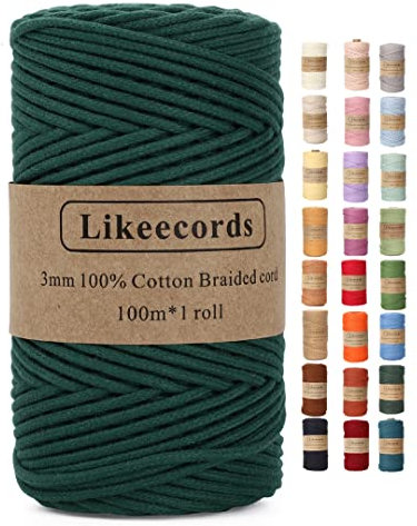 Likeecords Makramee Garn Geflochten 3mm x 100m,100% Natürliches Baumwollschnur Makramee-Schnur, Makramee-Seil, bunte Bastelkordel aus Baumwolle für Taschen, Wandbehänge, Pflanzenaufhänger (dunkelgrün)