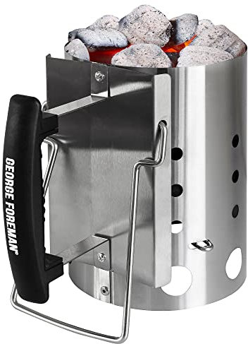George Foreman Quick-Fire Compact Chimney BBQ Starter, 14cm Diameter, Portable Barbecue, Coal Burner, Lightweight and Durable in Stainless Steel with Two Safety Handles, GFCMS14