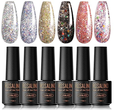ROSALIND UV-nagellack, 6 färger Mini Gel-nagellack, UV-nagellack Set Färg Gel för Glitter Soak Off Nagellack Fransk Manikyr för Kvinnor Mamma Present Set DIY hemma | Soak off lack gel UV LED nagellack permanent manikyr gåvor