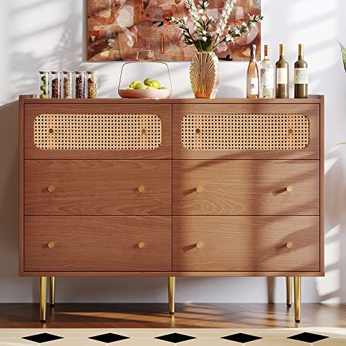 Merax Kommode mit 6 Schubladen, Rattan Sideboard Schubladenschrank aus Holz, Highboard Schubladenkommode mit Metallgriffe, für Schlafzimmer & Wohnräume & Büro (Holzfarbe, 120 x 40 x 90 cm)