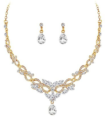 Bewenda Brautschmuck Set, Hochzeit Schmucksets für Damen, Wassertropfen-Ohrringe Gold Strass Halskett Glitzer Modeschmuck, Hochzeitsschmuck für Braut Brautjungfern, Choker klar Strass-Halskette Set