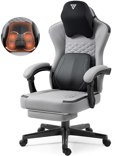 Vigosit Gaming Stuhl mit beheizter Massage Lendenwirbelstütze, Ergonomischer Gaming Computer Stuhl mit Taschenfederkissen und Fußstütze, Recliner High Back PC Stuhl für Erwachsene, grau