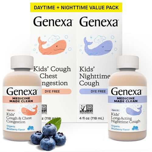 Genexa Kids' Clean Day & Night Cough Medicine, Dye Free, 0% Artificial Additives, Children's Cough, Chest Congestion, Runny Nose & Sneezing Relief, Ages 6+, Organic Blueberry Flavor, 8 fl oz (2 Pack)